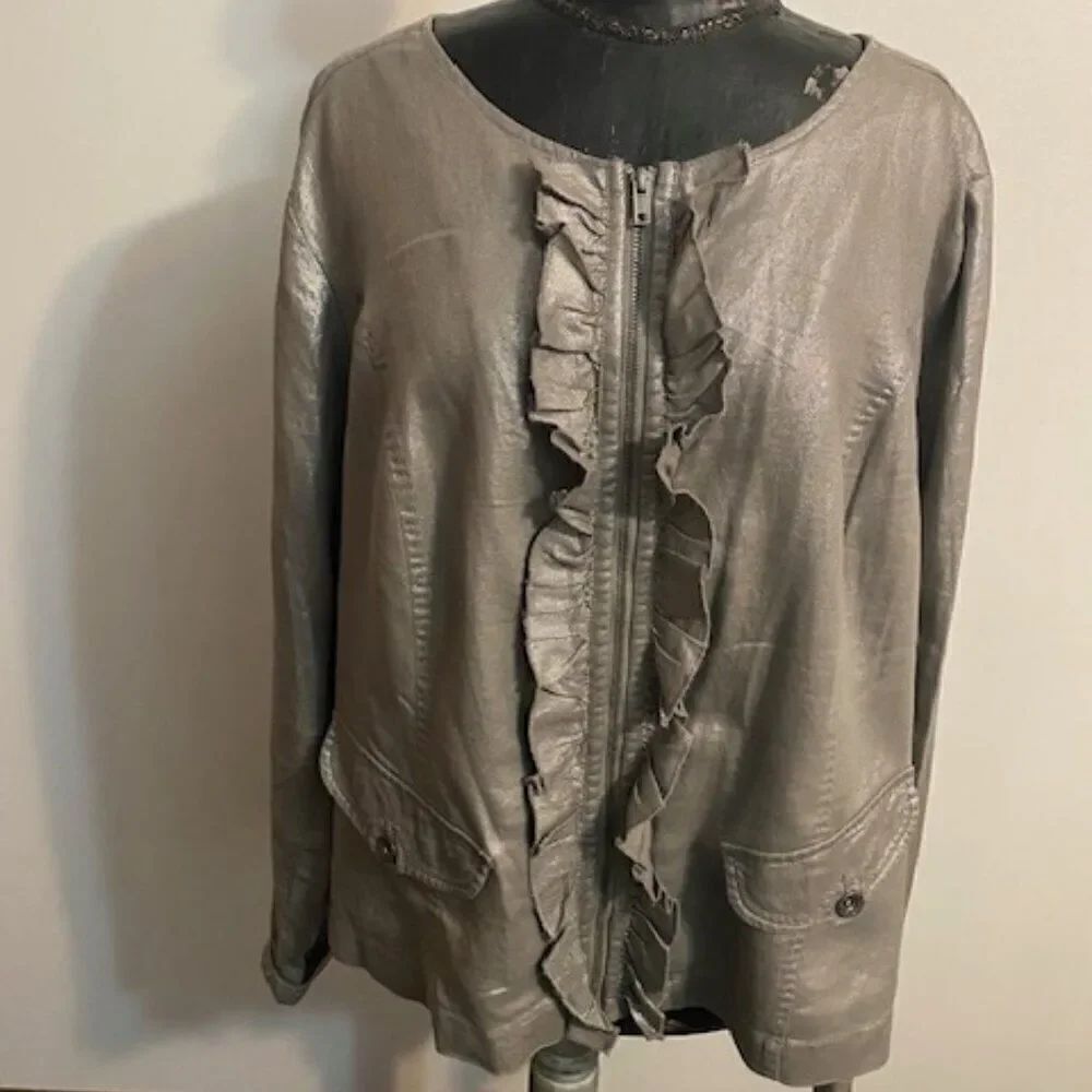 Lane Bryant Metallic Ruffled zip front Linen blend jacket, size 24